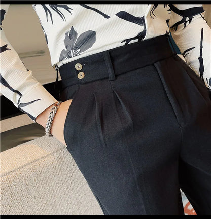 Men's Slim Fit Naples Business Casual Trousers Made of Autumn and Winter Wool, Thickened for Warmth, Classic Ankle-length Pants.