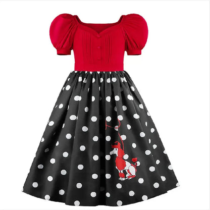 Girls Party Dresses Summer Dress Poodle Print Polka Dot Vintage Dress With Scarf Outfit Girls Casual Summer Dresses Birthday