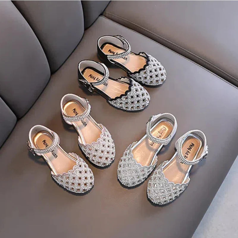 Summer Girl's Sandals Sliver Pink Diamante Luxury Hollow-out Kids Sliders Hook-loop Round Toe Glitter Stylish Children Shoe26-36