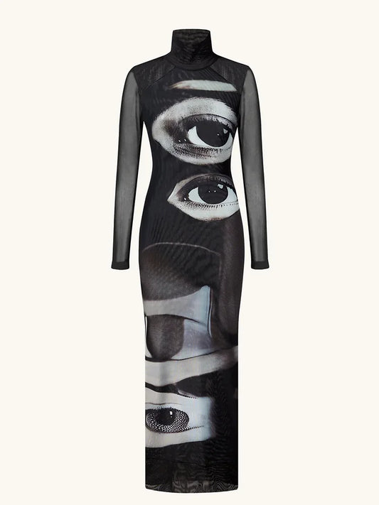 Fashion Women's Maxi Dresses Printed Turtleneck Regular Long Sleeves Sheath Slim Fit Eyes Causal Streetwear Vestidos