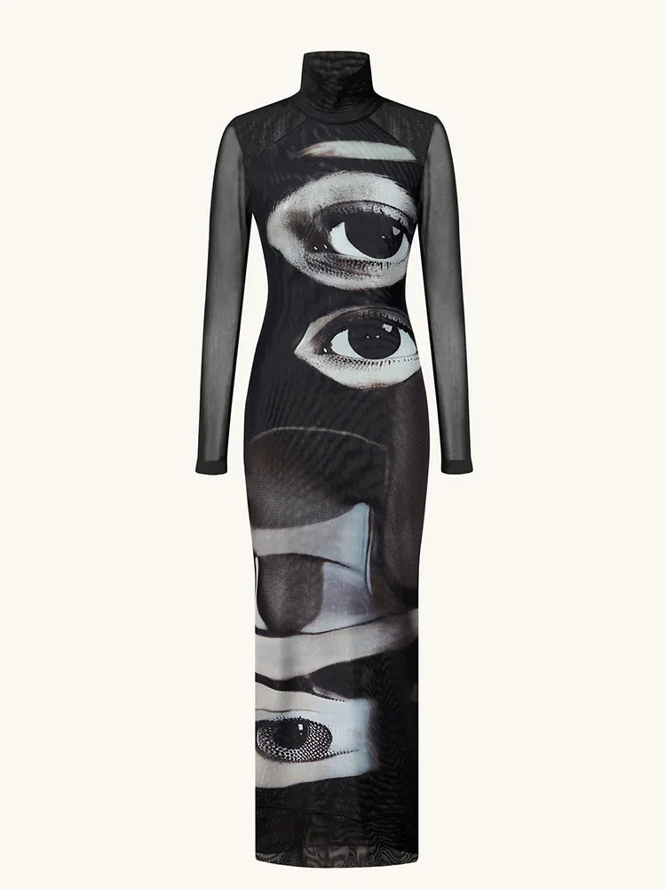 Fashion Women's Maxi Dresses Printed Turtleneck Regular Long Sleeves Sheath Slim Fit Eyes Causal Streetwear Vestidos