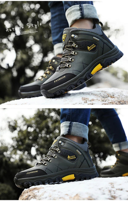 Winter Warm Cotton Shoes Men Outdoor Leather Black Casual Shoes Fur Sneakers High Top Rubber Ankle Boots Male Hiking Trekking 46