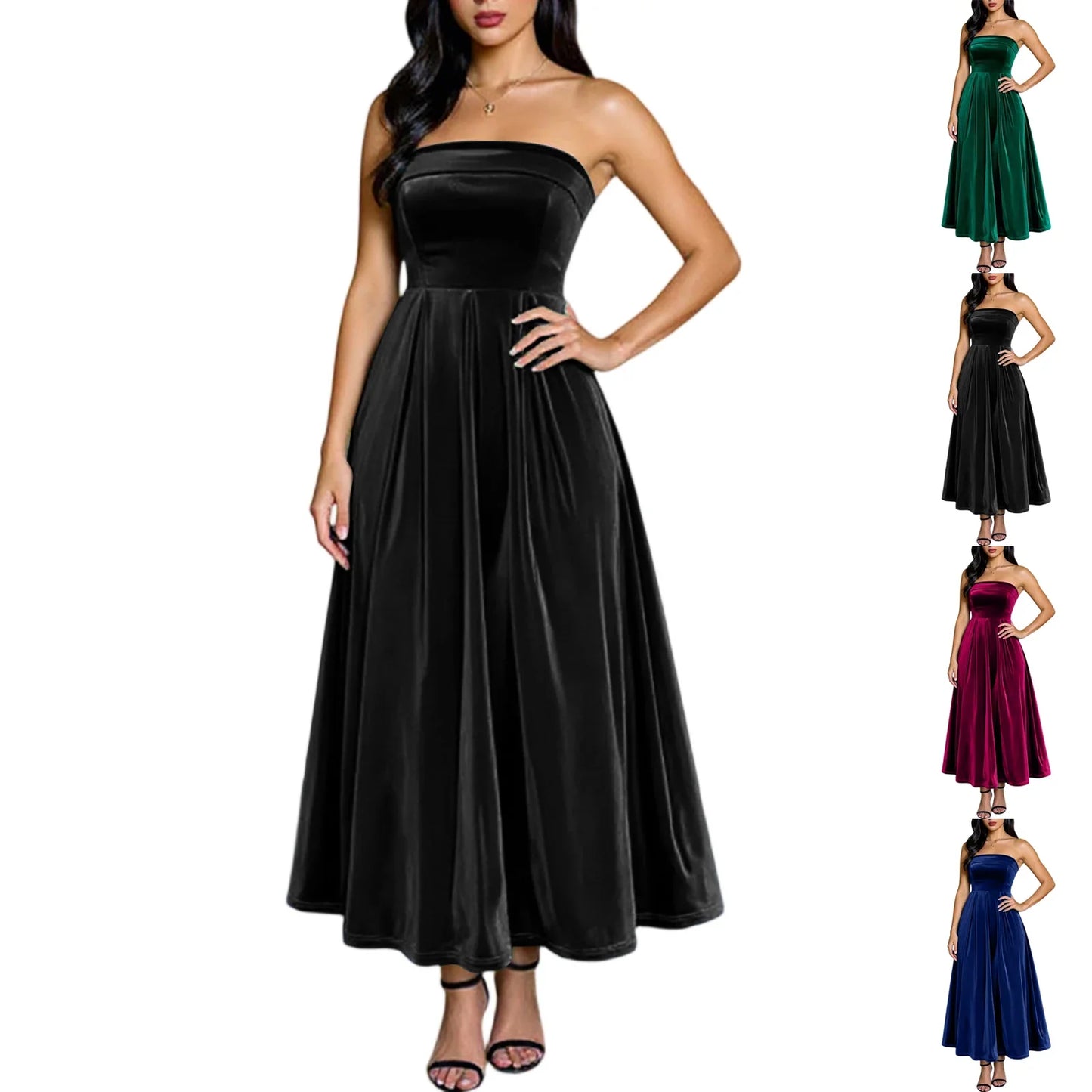 Women's Elegant Party Dresses Strapless Backless Velvet Long Dress Fashion Retro Dress Female Evening Dresses Vestidos Largos