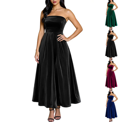 Women's Elegant Party Dresses Strapless Backless Velvet Long Dress Fashion Retro Dress Female Evening Dresses Vestidos Largos
