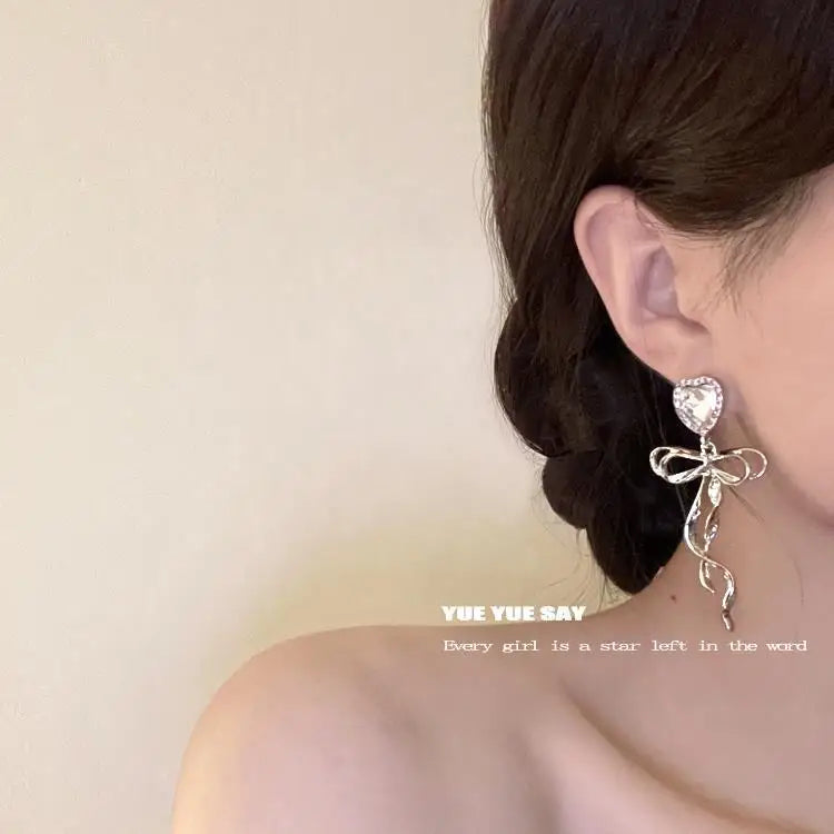 Jewelry Sweet Heart Rhinestone Butterfly Shape Dangle Earrings for Women Silver Color Korean Fashion Y2K Piercing Earring