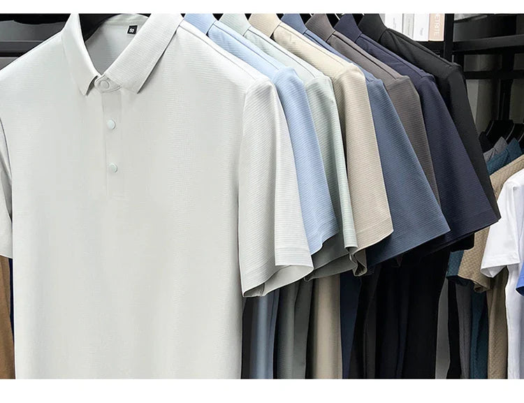 Summer Short Sleeve T-Shirt - Premium Jacquard Spandex, 7A Antibacterial, Seamless, Contrast Color, Split Hem, Wrinkle-Free Polo