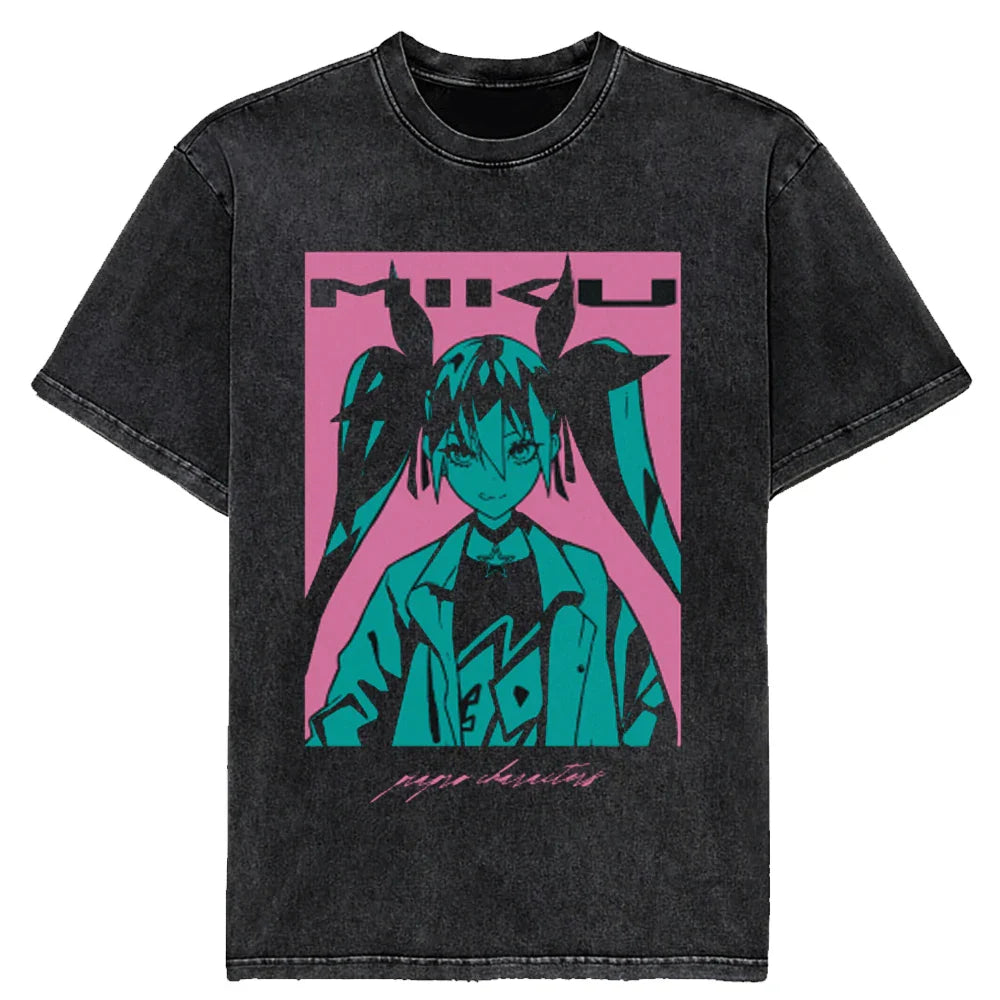New 2025 Japanese Hatsune Miku Anime Printed Washed Cotton Retro Distressed Short-Sleeved Unisex T-Shirt Vintage Men Women