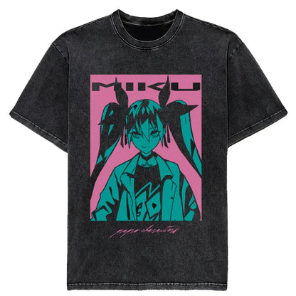 New 2025 Japanese Hatsune Miku Anime Printed Washed Cotton Retro Distressed Short-Sleeved Unisex T-Shirt Vintage Men Women