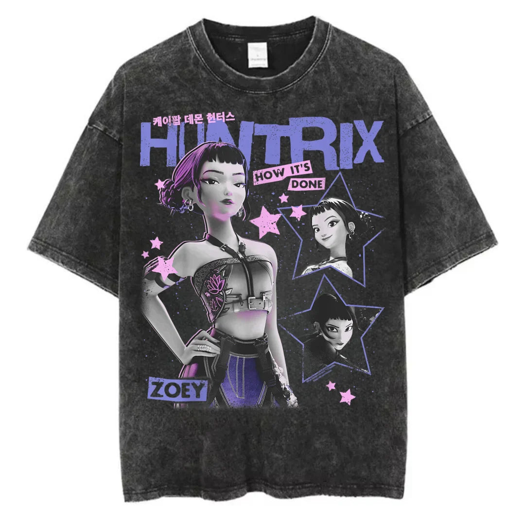 Washed Kpop Anime Demon Hunter Huntrix Girls T Shirt Kawaii Cute Fashion Unisex T-shirts Oversized Cotton Casual Vintage T-Shirt