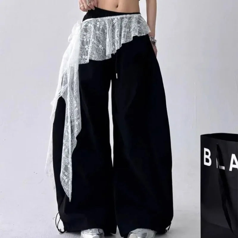 Embroidered Flower Lace Mini Skirt Irregular See Through Ruched Skirts Y2K Streetwear Lace-up Design Butt Curtain
