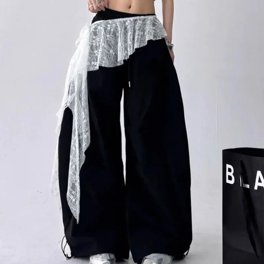 Embroidered Flower Lace Mini Skirt Irregular See Through Ruched Skirts Y2K Streetwear Lace-up Design Butt Curtain