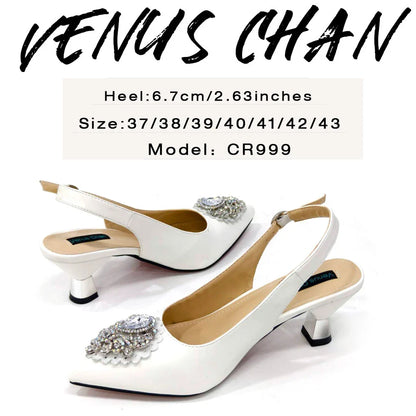 Latest Wedding Pointed Toe Women's Shoes High Heel White Color Rhinestones Party Ladies Shoes And Bag Set