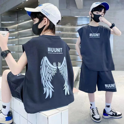 Big Child Cotton Summer Suit for Teens Boy Wing Print Cotton Tshirt + Shorts 2PCS Clothing Set Kids Adult Fashion Street Outfit