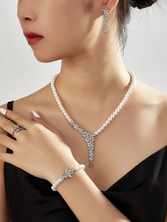 New Trendy Pearl Tassel 40cm Necklace Earring 4PCS Jewelry Set For Women Wedding Party Full Zircon Dubai Bridal Jewelry Set Gift