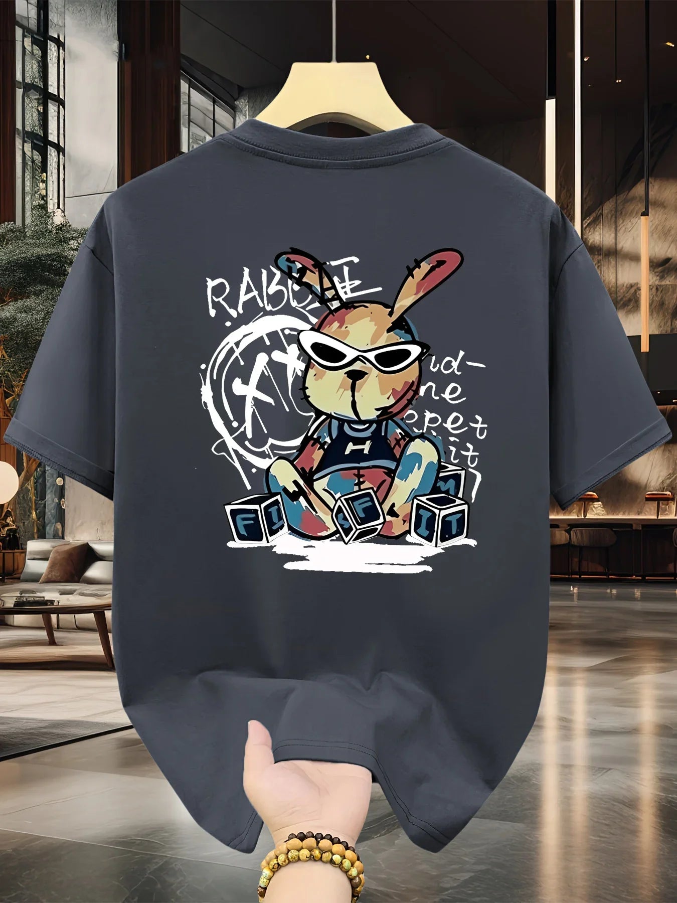 Men's summer 100% pure cotton fashionable casual loose black rabbit cartoon pattern printed round neck short sleeved T-shirt top
