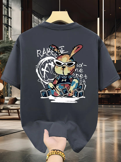 Men's summer 100% pure cotton fashionable casual loose black rabbit cartoon pattern printed round neck short sleeved T-shirt top