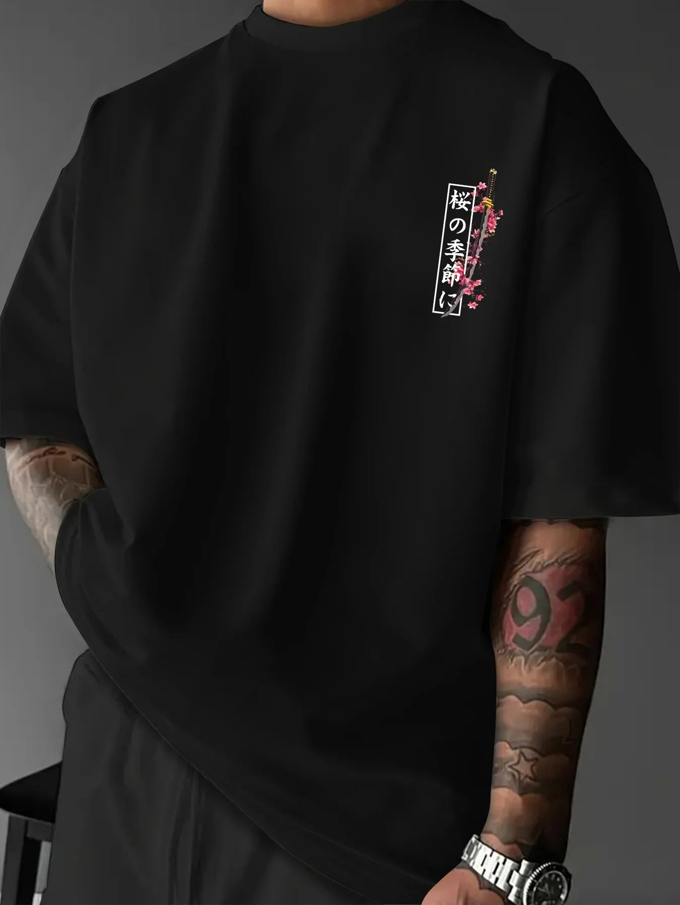 American-style Men Summer Loose T-shirt Suitable for Daily Wear Cherry Blossom and Samurai Sword Patterns  100% Pure Cotton