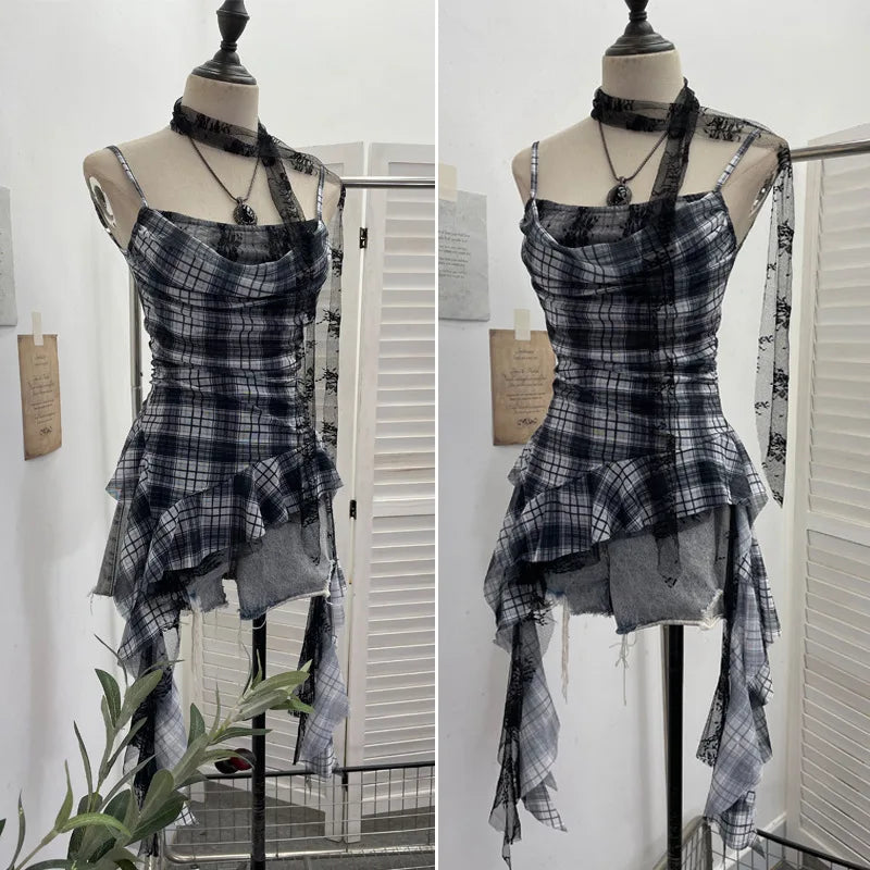 Y2K Plaid Camisole for Women Summer Casual Lace Scarf Breathable Stretch Mesh Patchwork Asymmetrical Ruffle Slim Tops