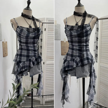 Y2K Plaid Camisole for Women Summer Casual Lace Scarf Breathable Stretch Mesh Patchwork Asymmetrical Ruffle Slim Tops