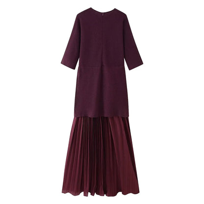 Women Elegant Half Sleeves O-Collar Pleated Dress Spring Woman Rear Zipper Splicing Vintage Casual Knitted Long Dress