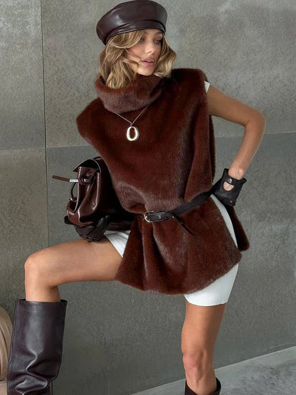 Autumn New Style Tank Tops Woman Furry Patchwork Turtleneck Daily Street Casual Simple Fashion Solid Elegant Clothing