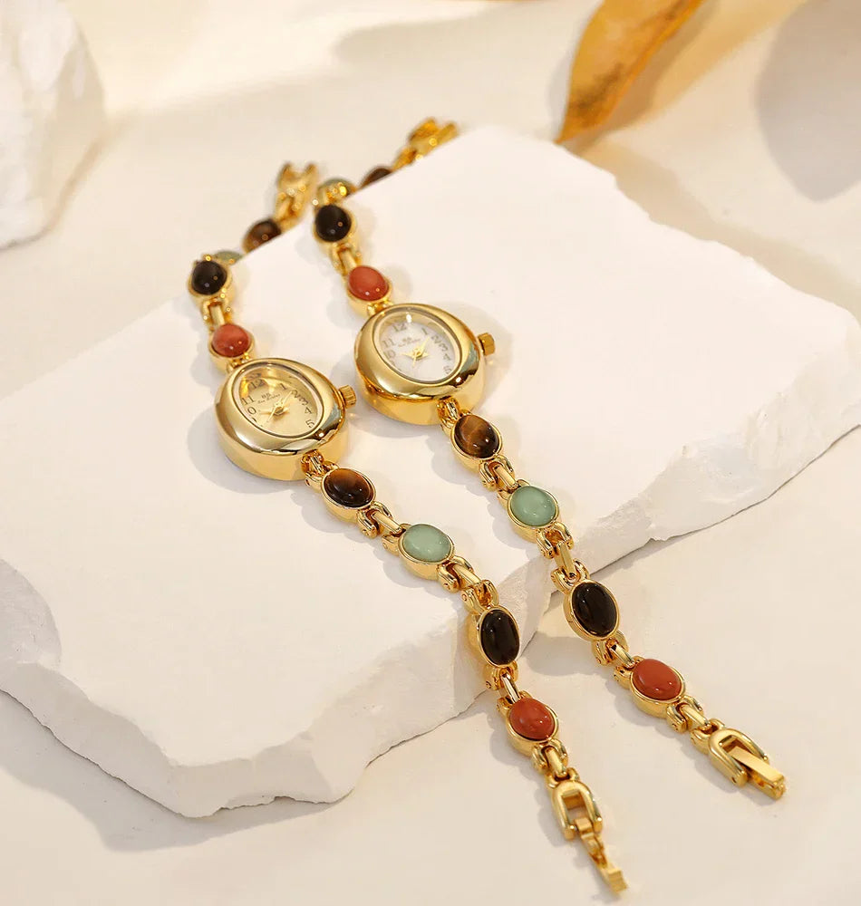 Women's watch Vintage Natural Colorful Jade Bracelet Wristwatches Clock,Luxury Elegant Small Oval Dial Quartz Watch Waterproof
