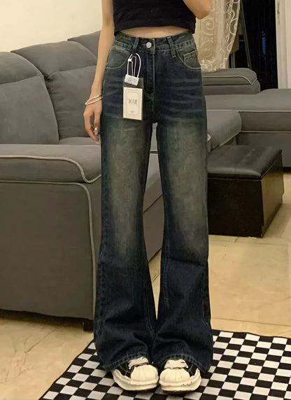 Y2K Retro Micro Denim Pants For Women Straight Fit Spring-autumn Style Pear-shaped Figure Large Size High Waist Slimming Effect