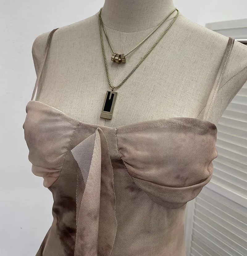 2025 Mesh Camisole for Women Stretch Casual Tie Dyeing Braless Sleeveless Adjustable Straps Asymmetrical Ruffle Tops