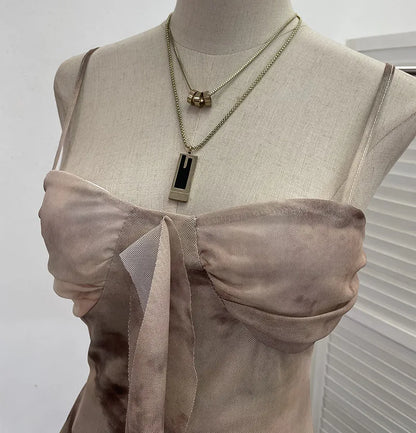 2025 Mesh Camisole for Women Stretch Casual Tie Dyeing Braless Sleeveless Adjustable Straps Asymmetrical Ruffle Tops