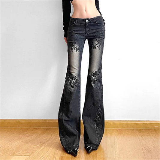 Women Gothic Y2k Flare Jeans Harajuku Baggy Denim Trousers 90s Aesthetic Low Waist Jean Pants Vintage 2000s Trashy Clothes 2024
