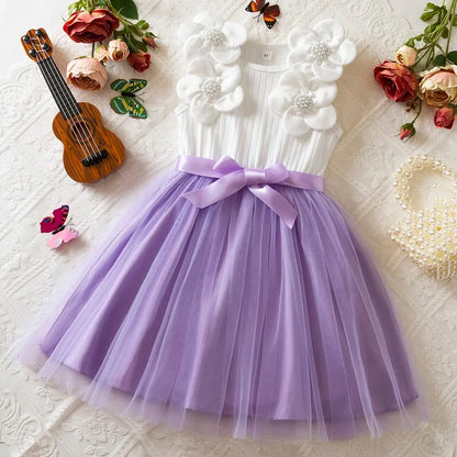 Vestido de Aniversário Infantil Menina Sem Mangas Elegante Flor 3D Tule Princesa Vestido de Verão 3-7 Anos Malha Doce Roupa Presente de Aniversário