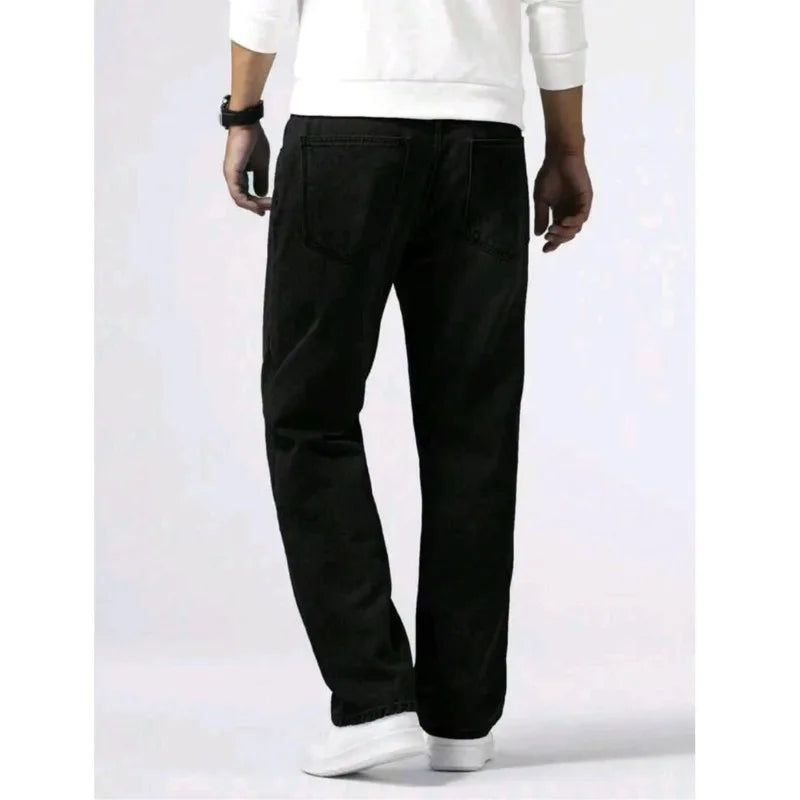 New Spring Autumn Straight Jeans Micro Elastic Versatile Pure Black Casual Denim Pants Men's Solid Color Baggy Regular Trousers