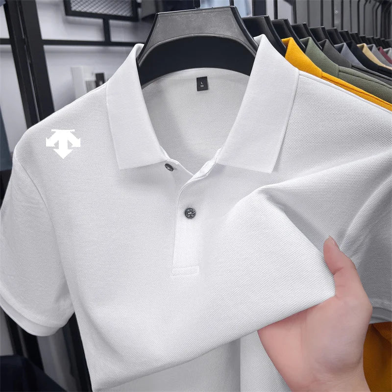 100% men's summer luxury brand polo shirt lapel geometric printing short sleeves t-shirt outdoor leisure men clothing tops