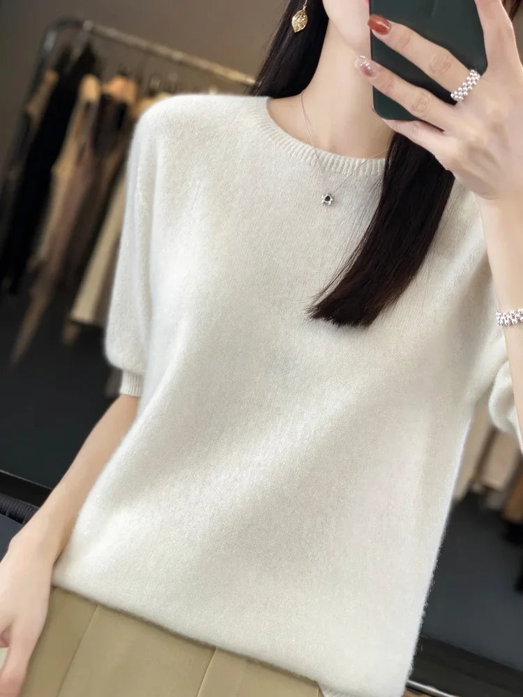 100% pure wool T-shirt spring and summer new women's O-neck pullover short sleeve loose five-sleeve sweater high-end top