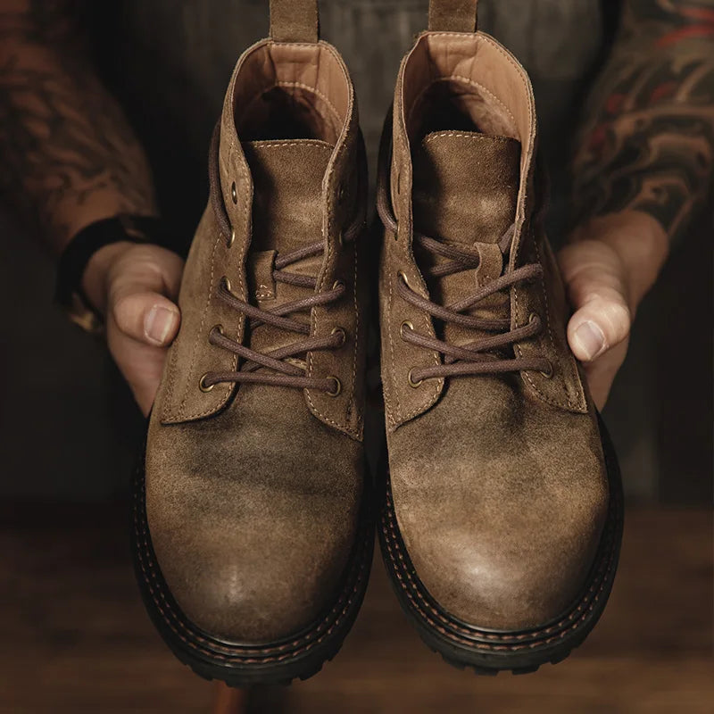 Men's Vintage Split Suede Boots Brown High-Top Work Boots Lace-Up Desert Ankle Rugged Sole Boots Outdoor Winter Fall Shoes