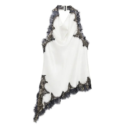 2026 Spring Women Backless Sexy Lace Splicing Halter Neck Top Summer Female Off Shoulder Asymmetrical Satin Camisole