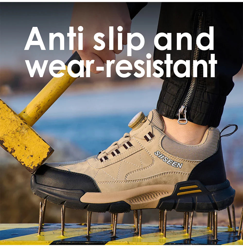 Men's Steel-Toed Safety Shoes With Anti-Crush, Anti-Puncture And Anti-Slip Soles, Fashionable Button Industrial Work Shoes
