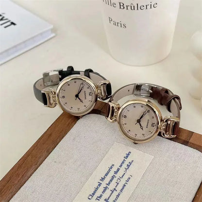 Simple Women's Watches Small Round Ladies Bracelet Watch PU Leather Thin Retro Quartz Wristwatch for Women Girls Gifts