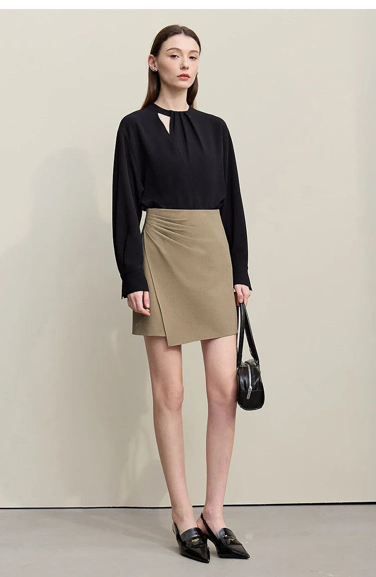 Mini Skirt 2026 Spring New Asymmetrical Pleated Short A-Line Skirt Commuter Solid Color Versatile Women's Clothing 12611004