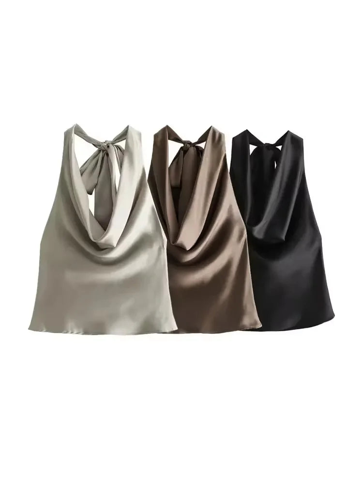 Women's Flowing Draped Halter Neck Tank Tops With Bow Tied, Backless, Sleeveless, Female Camis, Sexy, Fashion