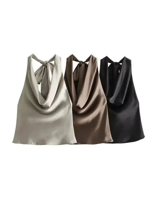 Women's Flowing Draped Halter Neck Tank Tops With Bow Tied, Backless, Sleeveless, Female Camis, Sexy, Fashion
