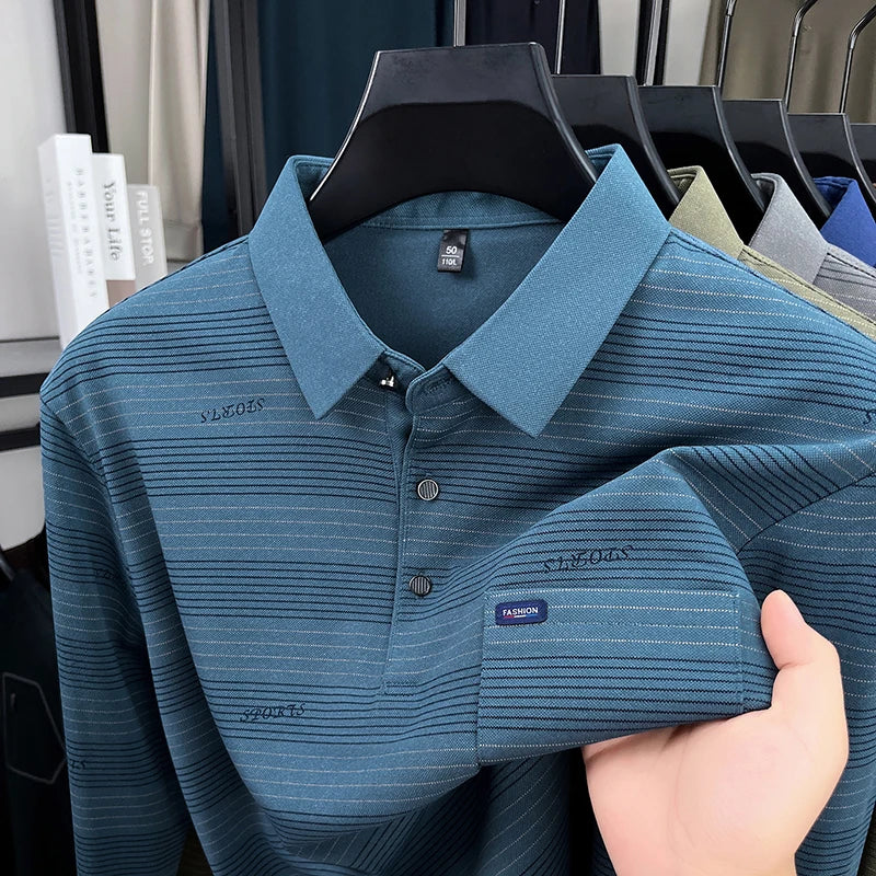 2025 long sleeved men's spring and autumn collar striped pullover top with loose pockets polo shirt