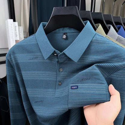 2025 long sleeved men's spring and autumn collar striped pullover top with loose pockets polo shirt