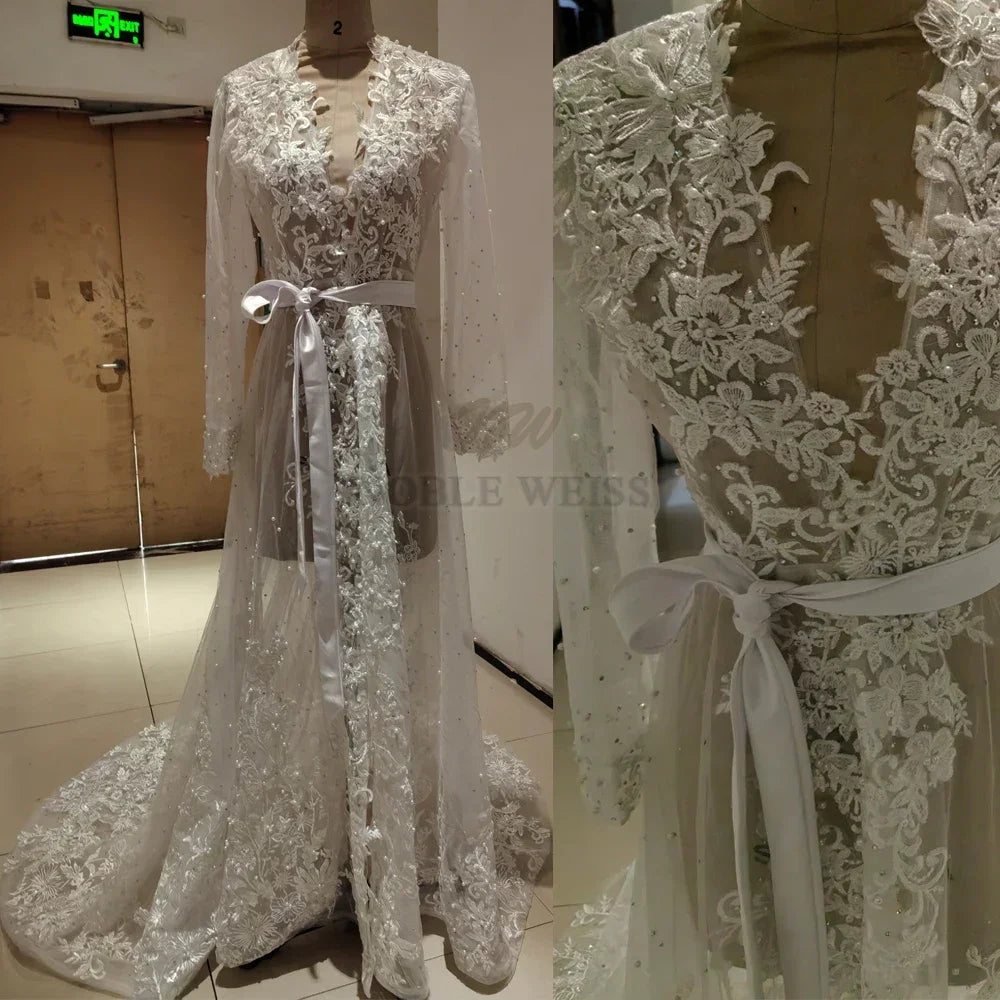 Pearls Appliques Long Sleeve Wedding Robe Jacket Robe Party Shawl BOLERO Bridal Cape Crystal Beaded Long Wedding Coat Customized
