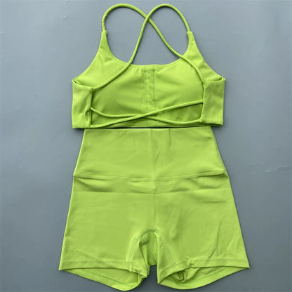 Yoga Shorts Set Gym Two Piece Sports Set Women Workout Outfit Fitness Suit Cross Straps Bra High Waist Shorts Running Tracksuit