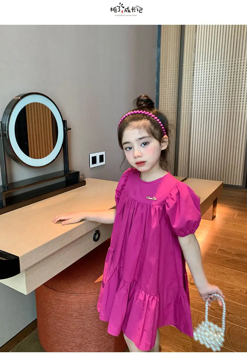 Girls Sweet Dress Summer Children Princess Gown Kids Spring Casual Short-sleeve Vestidos Kids Solid Color Loose Clothing 2-8Y