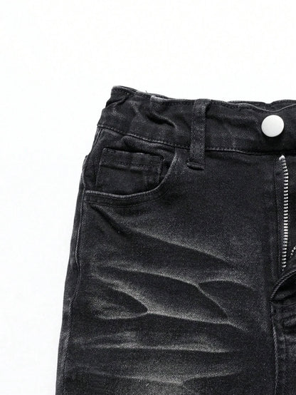 1 Piece of Men's Four-Season Snowflake Washed Fashion Jeans, Stretch Slim Fit Light Gray Dark Black Casual Denim Pants, Normcore and Fashionable, Suitable for Everyday Wear