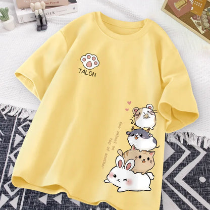 Camiseta Feminina Estilo Hamster Japonês Fofo Estampa Doce Uso Diário Manga Curta Solta Casual Adolescente Estudante Meia Manga Top