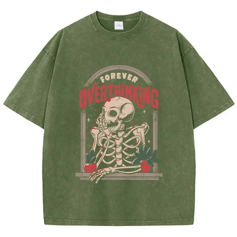 Casual Women'S Cotton Washed T-Shirts Skeleton Man On The Balcony Printing Tops Oversize O-Neck Soft Short Sleeve Female Clothes