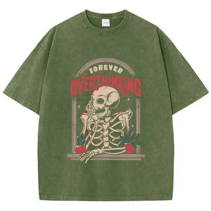 Casual Women'S Cotton Washed T-Shirts Skeleton Man On The Balcony Printing Tops Oversize O-Neck Soft Short Sleeve Female Clothes